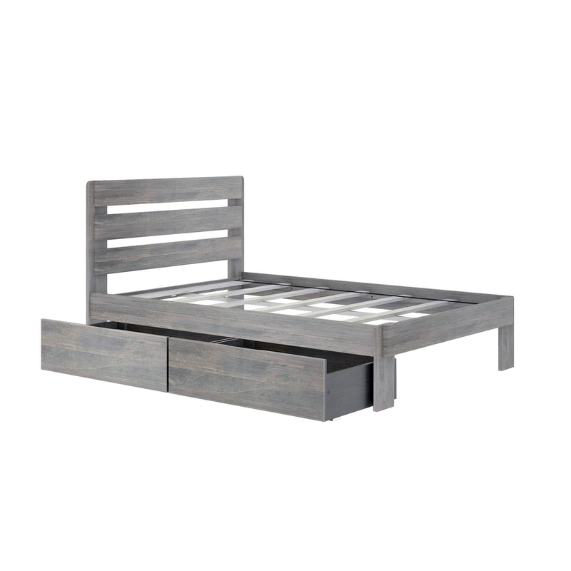 Gray wooden platform bed frame with slatted headboard and built-in under-bed storage drawers, modern rustic bedroom furniture