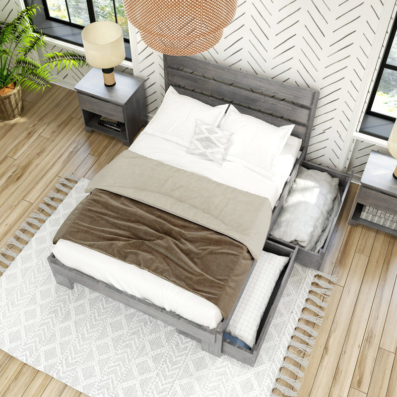 Modern farmhouse bedroom with gray storage bed and under-bed drawers, neutral linen bedding, wooden nightstand, wicker pendant light, and potted plant