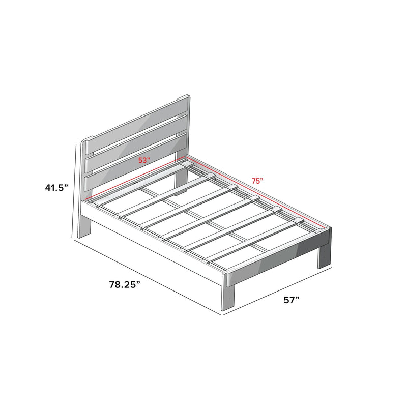 Full-size wooden slatted platform bed frame with horizontal plank headboard and mattress slats, labeled dimensions 53" x 75" mattress area and overall 78.25" L x 57" W x 41.5" H