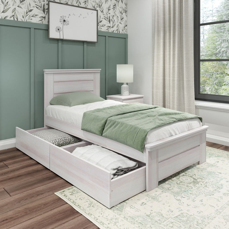 Whitewashed wood twin storage bed with pull-out under-bed drawers, sage green bedding and board-and-batten accent wall, botanical wallpaper, bedside lamp and light beige curtains in a modern farmhouse bedroom interior