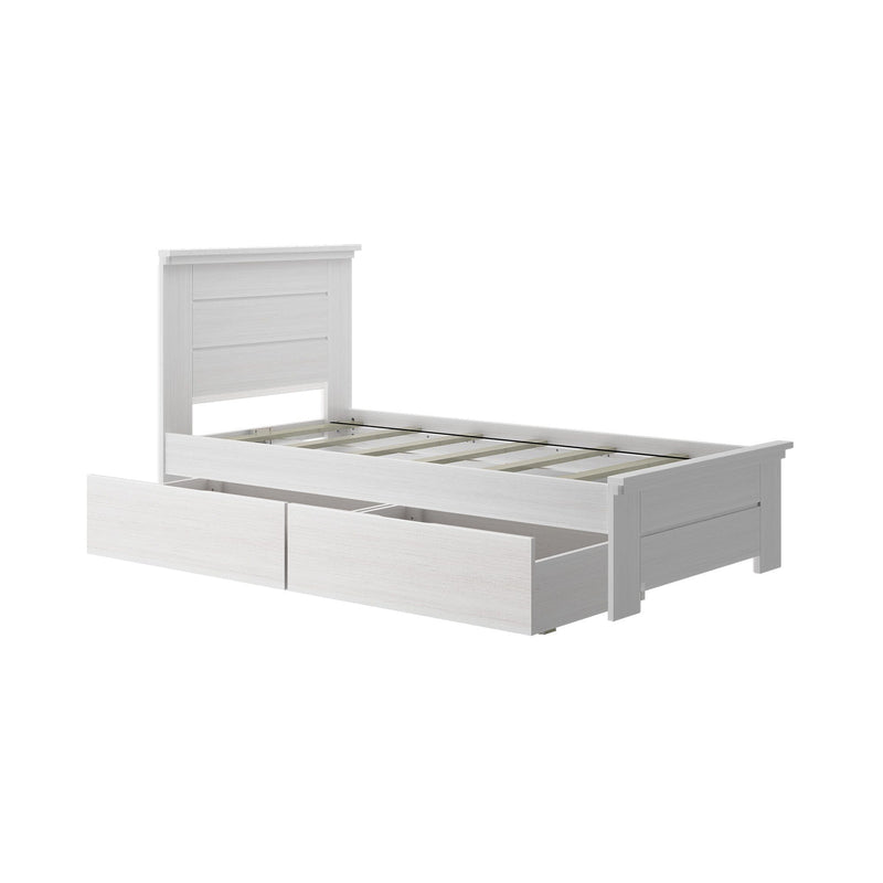 White wooden twin platform bed frame with slatted base, paneled headboard and two large under-bed storage drawers, modern space-saving bedroom furniture