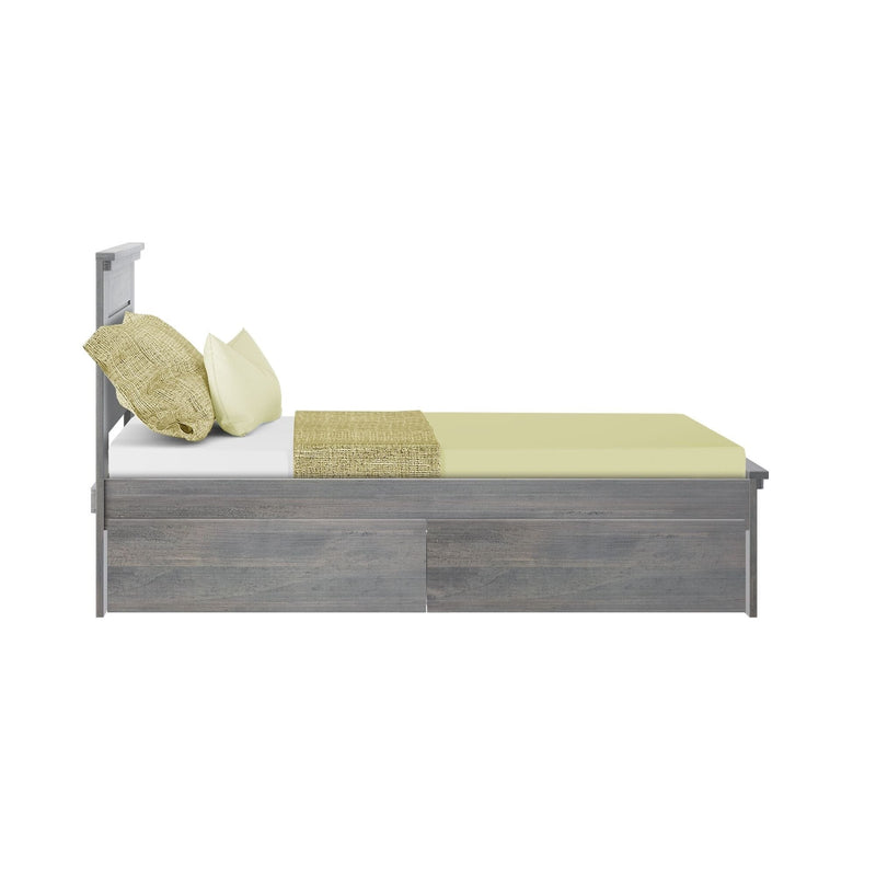 Side view of gray wooden twin bed with light green fitted sheet, textured green throw blanket and matching pillows on white background