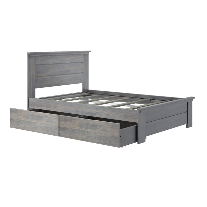 Gray wooden platform bed frame with paneled headboard, slatted base and built-in under-bed storage drawers, rustic finish