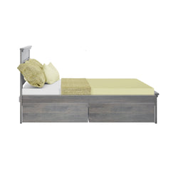 Stylish grey wood bed with comfortable beige bedding and pillows, perfect for modern bedroom interiors.