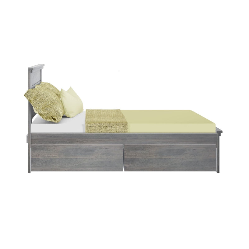 Side view of modern gray wood platform bed with built-in storage drawers, yellow-green linen bedding, textured pillows and matching throw – bedroom furniture