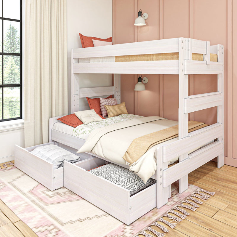 White wooden twin-over-full bunk bed with pull-out storage drawers and neutral bedding in a bright pink-accent kids' bedroom