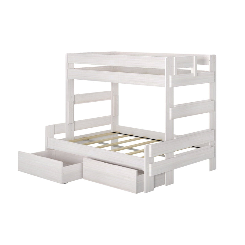 White wooden twin-over-full bunk bed with two under-bed storage drawers, slatted base, space-saving kids' bedroom furniture