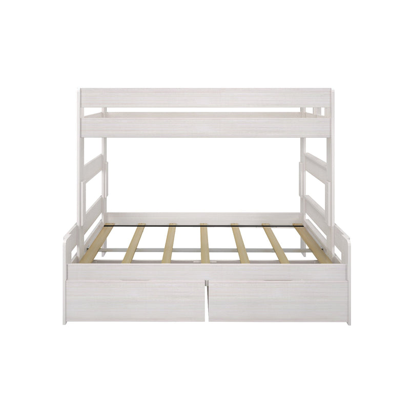 White wooden twin-over-full bunk bed with under-bed storage drawers and slatted platform, space-saving kids' bedroom furniture