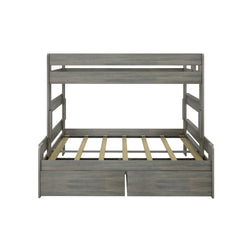 Contemporary grey wooden bunk bed with storage drawers and slatted foundation.