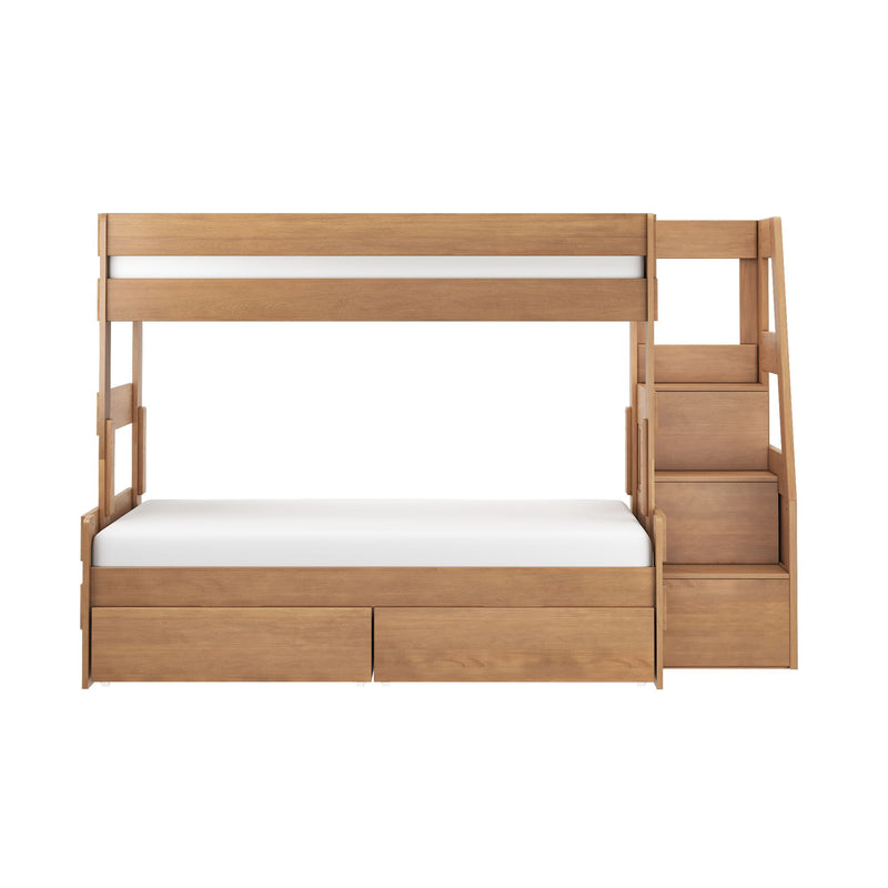 Natural oak wooden loft bunk bed with built-in ladder, integrated storage drawers and white twin mattress — space-saving kids bedroom furniture