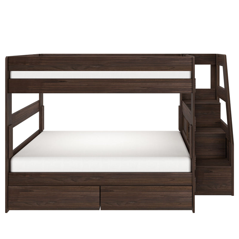 Dark brown wooden twin-over-full bunk bed with staircase, built-in under-bed storage drawers and space-saving platform design