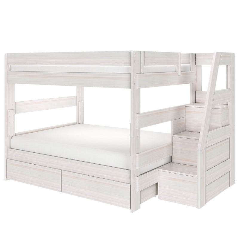 Whitewashed wood twin-over-full bunk bed with built-in staircase, safety rails, and under-bed storage drawers, minimalist design