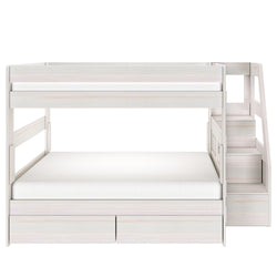 White wooden bunk bed twin-over-full with built-in staircase and under-bed storage drawers, modern space-saving kids bedroom furniture