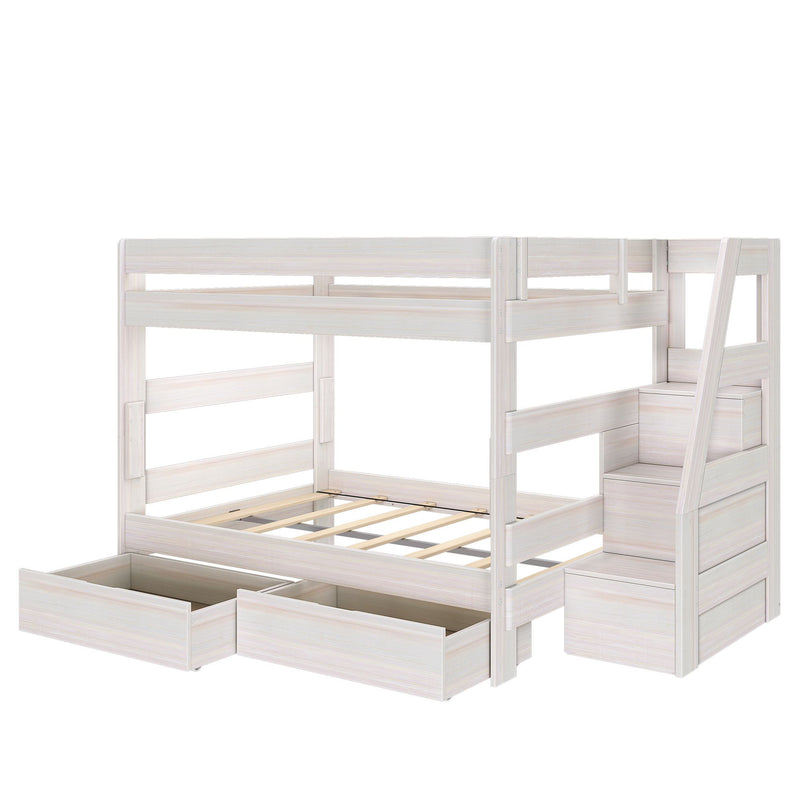 White wooden twin-over-full bunk bed with built-in storage drawers, ladder and slatted mattress base — space-saving kids loft bed