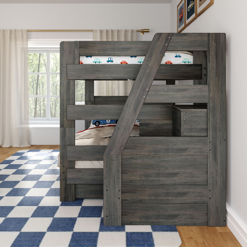 Gray wooden loft bunk bed with angled ladder and built-in storage in a sunlit kids' bedroom featuring car-themed bedding, blue checkered rug, sheer curtains, and framed car prints