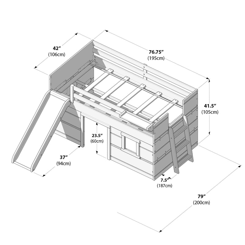 Wooden children's loft bed with slide and ladder — dimensional diagram showing guardrails, slats and annotated measurements in inches and cm (79" × 42" × 41.5" / 200 × 106 × 105 cm)