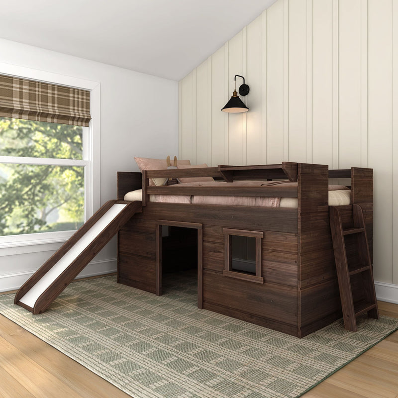 Dark wood kids loft bed with slide and ladder in neutral farmhouse bedroom with plaid Roman shade, beadboard wall and black sconce