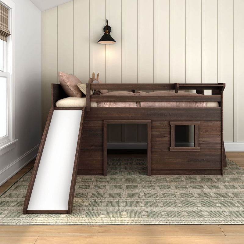 Wooden loft bed with slide in kids' modern farmhouse bedroom, beige shiplap wall, wall sconce, pink pillows and stuffed bunny