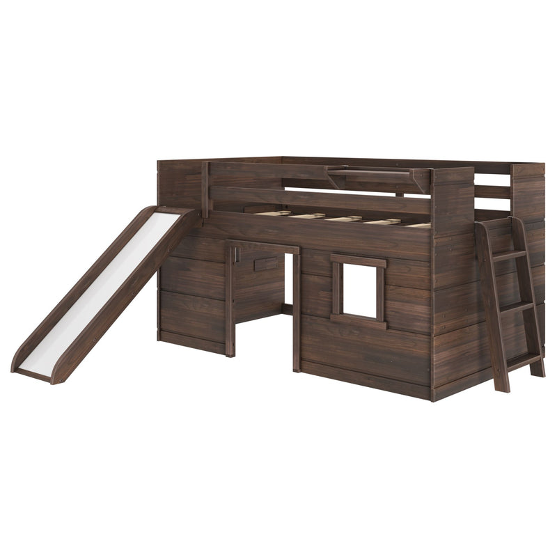 Dark walnut wooden children's loft bed with slide and ladder, playhouse-style lower level and guardrails — rustic kids' bunk bed for bedroom