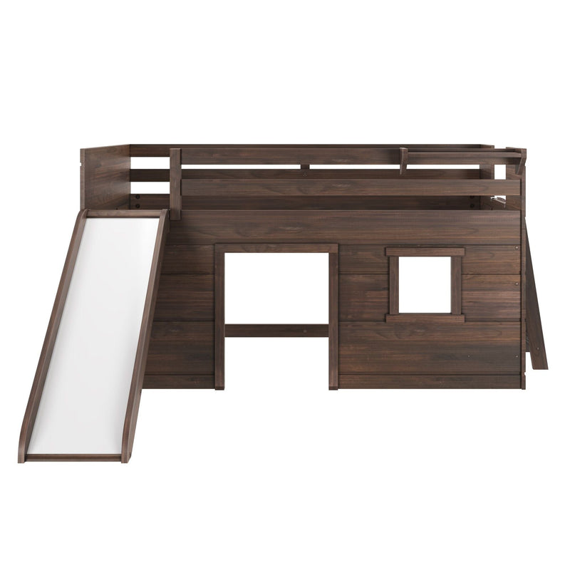 Dark walnut wooden kids loft bed playhouse with built-in white slide, upper guardrail and window openings