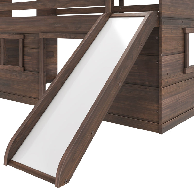 Children's dark walnut wooden loft bed with attached white slide and playhouse-style panels