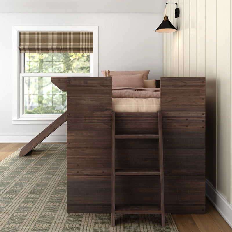 Modern farmhouse kids' loft bed with dark wood ladder, neutral pink bedding, brown plaid Roman shade and black wall sconce by sunlit window