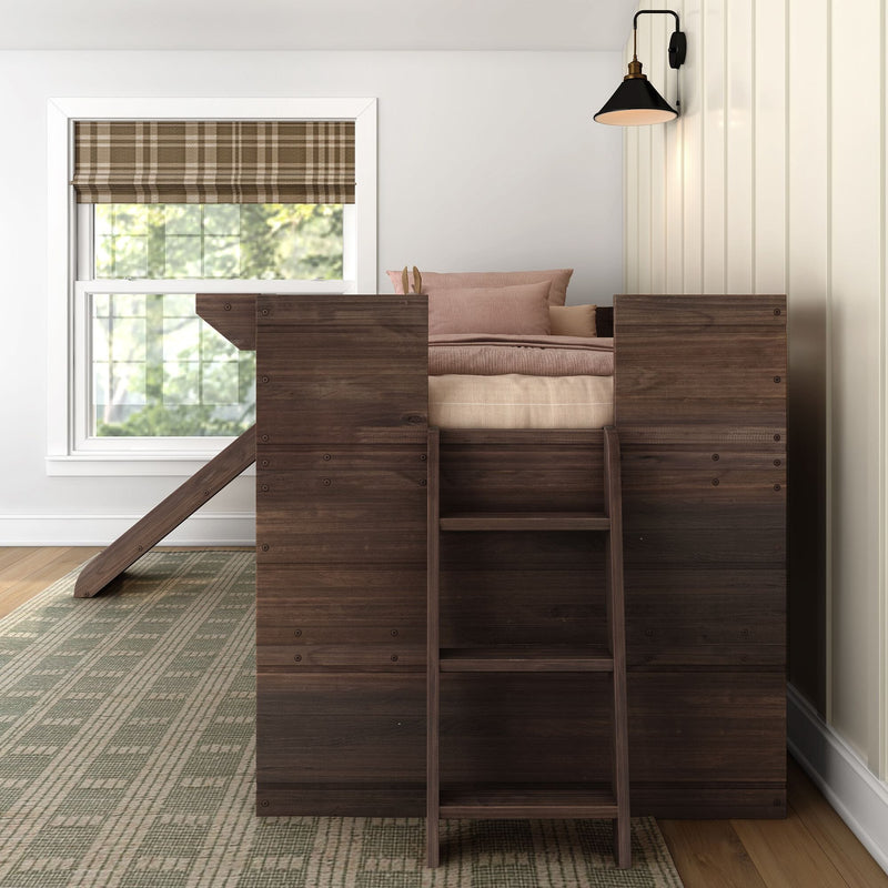 Modern farmhouse kids' loft bed with dark wood ladder, neutral pink bedding, brown plaid Roman shade and black wall sconce by sunlit window