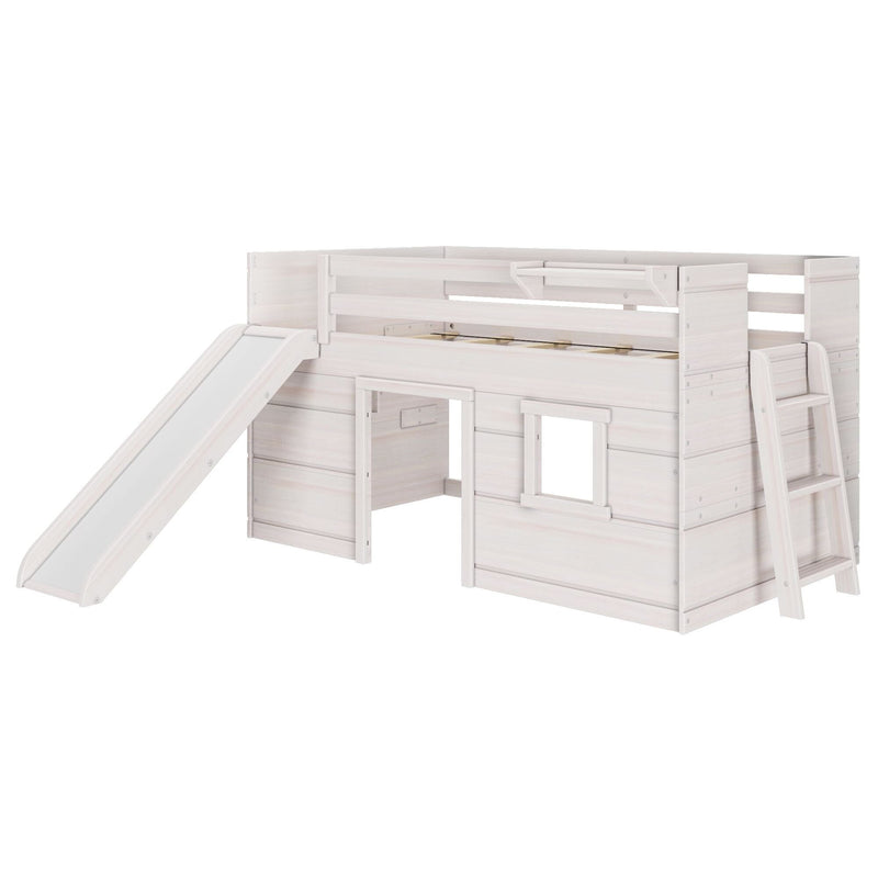 White wooden children's loft bed with slide and ladder, built-in playhouse underneath and safety guardrails for kids' bedroom