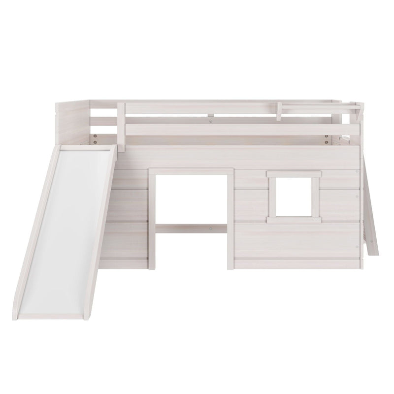 Whitewashed wooden kids loft bed with slide, upper safety rails and playhouse-style lower windows — children's loft bunk bed
