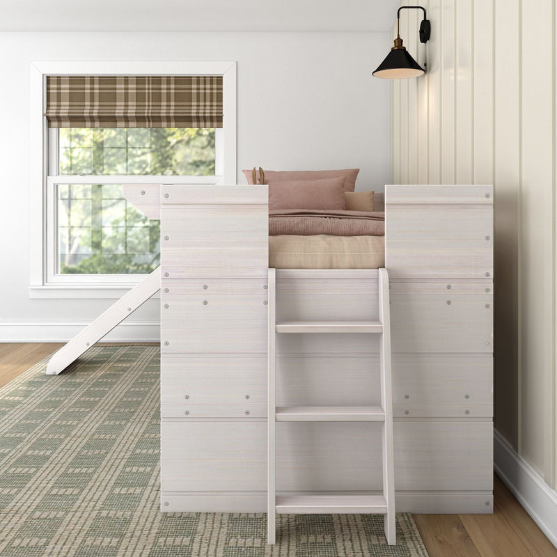 Whitewashed kids loft bed with ladder and blush pink bedding, brown plaid Roman shade over window, black wall sconce and neutral farmhouse bedroom decor