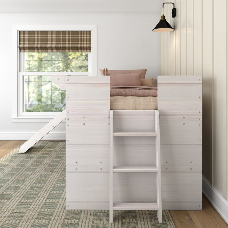 White wooden loft bed with ladder and slide in cozy neutral kids' bedroom with plaid roman shade, wall sconce and beige bedding