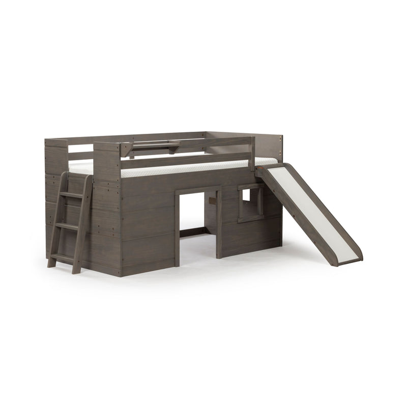 Gray wooden children's loft bed with slide and ladder, twin mattress platform and playhouse-style lower area