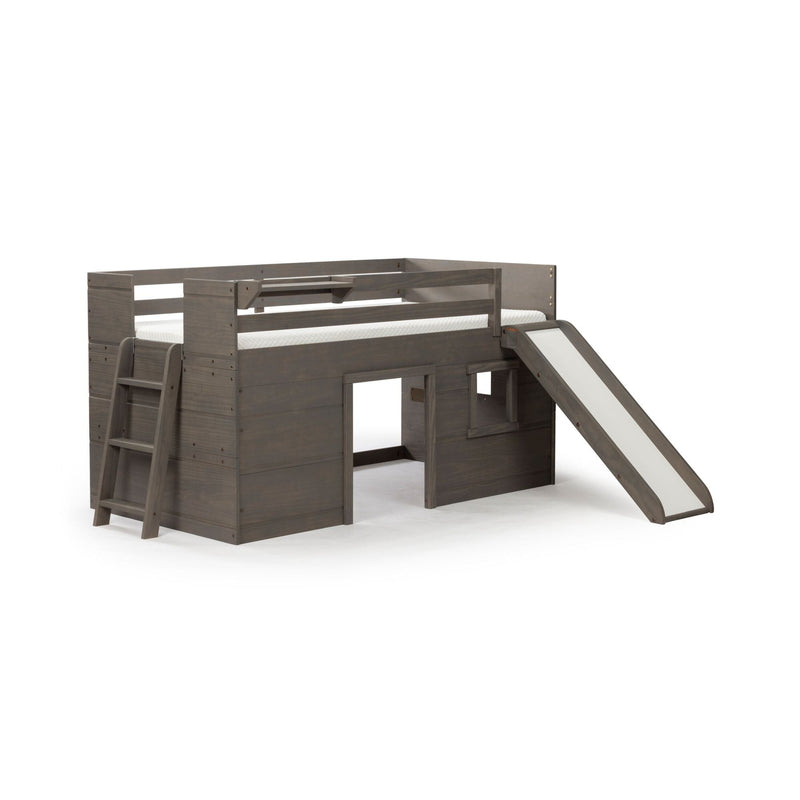 Gray wooden children's loft bed with slide and ladder, twin mattress platform and playhouse-style lower area