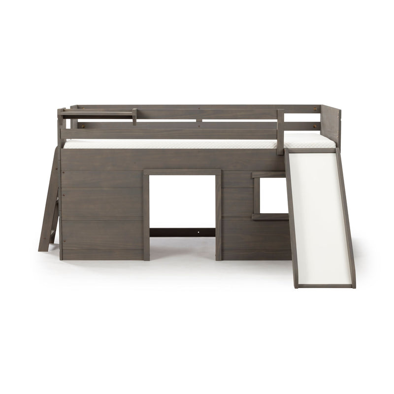 Gray wooden twin loft bed with slide and ladder, kids bunk bed with playhouse-style lower hideaway and white mattress