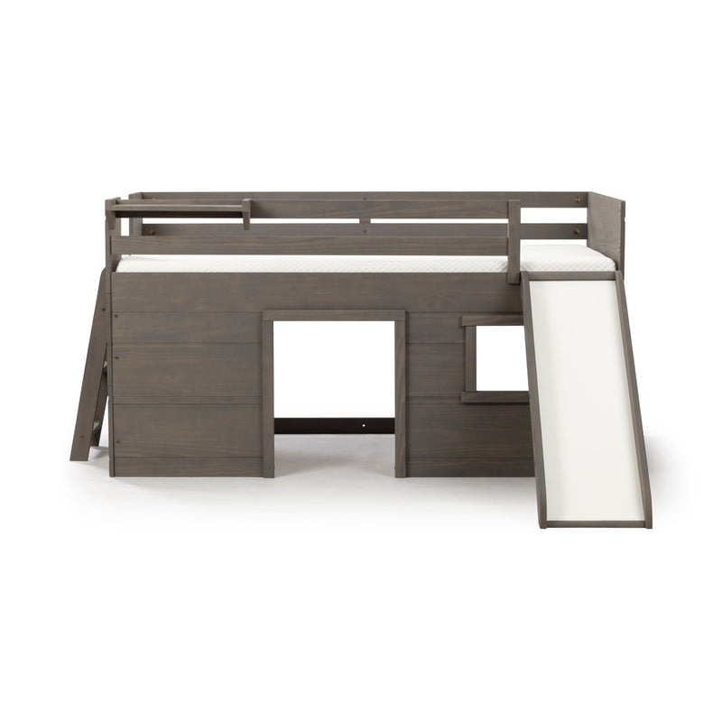 Gray wooden twin loft bed with slide and ladder, kids bunk bed with playhouse-style lower hideaway and white mattress