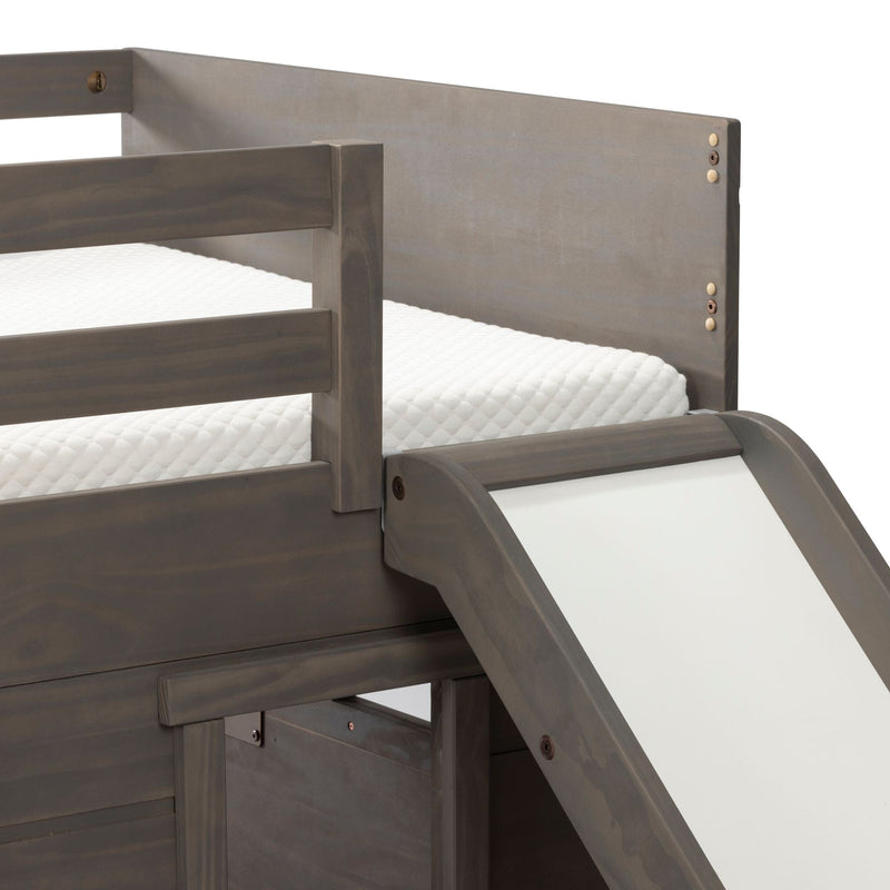 Gray wooden kids loft bed with built-in slide and safety rail, close-up detail of white mattress and wood grain finish
