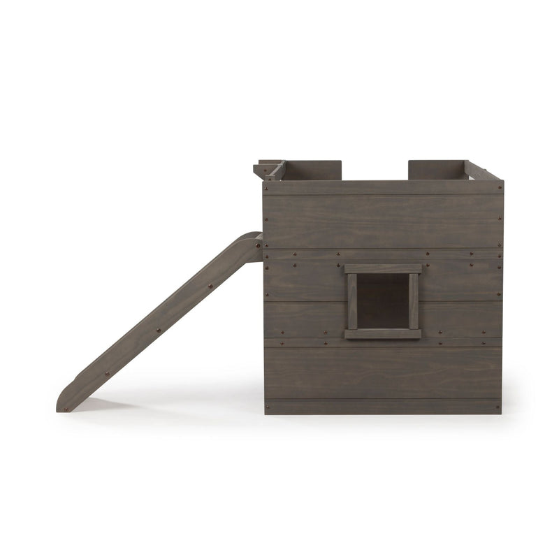 Gray wooden kids playhouse tower with angled slide and square window, outdoor children's playset with rustic finish