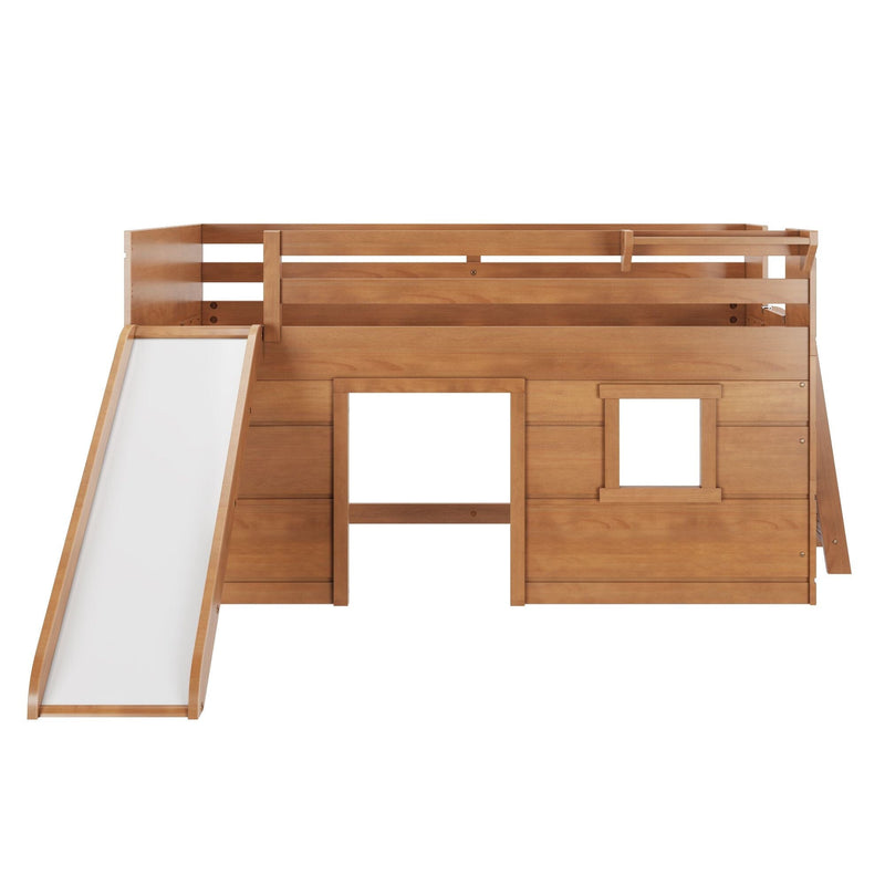 Kids natural wood loft playhouse bed with guardrails, ladder openings and attached white slide