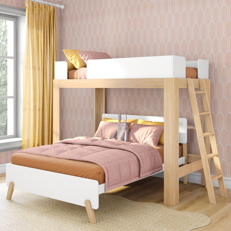 Wooden kids loft bunk bed with pink bedding, yellow curtains and ladder against peach patterned wallpaper