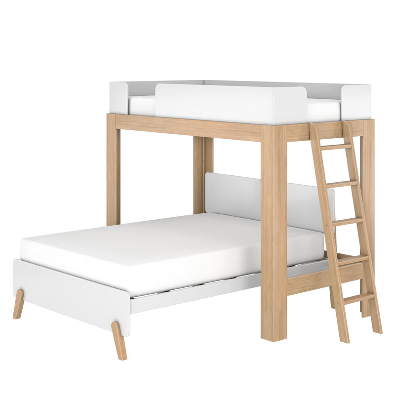 Space-saving modern natural wood loft bed with white safety rails and ladder, twin kids' bunk bed for small bedrooms