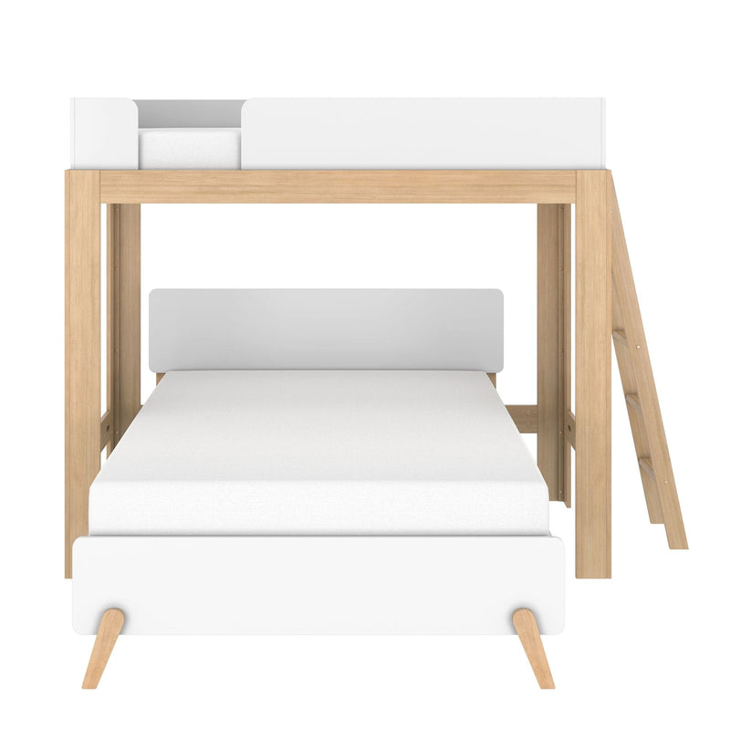 Space-saving modern kids loft bunk bed in natural wood and white with ladder, top safety rail, twin mattress and minimalist headboard