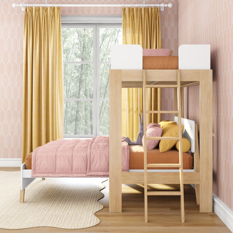 Kids' pastel bedroom with wooden loft bunk bed, pink bedding and yellow cushions, mustard curtains, patterned wallpaper and window with natural light