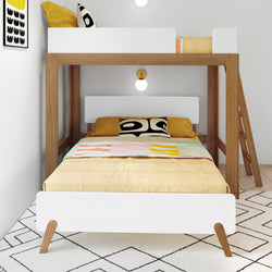 Modern wooden bunk bed with white accents in a stylish bedroom featuring geometric decor.
