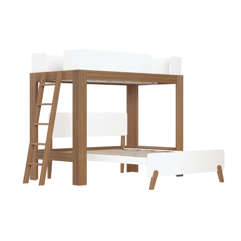 Contemporary wooden bunk bed with ladder and white accents for kids' bedroom.