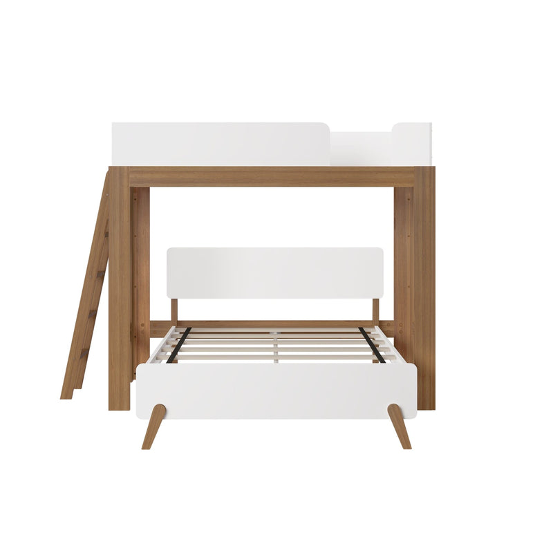 Stylish modern loft bed with a wood frame and white accents, ideal for space-saving bedroom furniture.