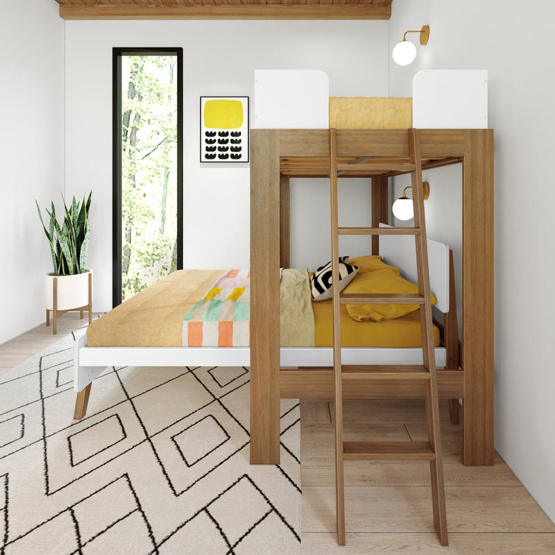Modern wooden loft bed with yellow bedding in a stylish bedroom featuring a geometric rug, large window, and greenery.