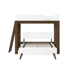Modern loft bed frame with built-in ladder and sleek white design.