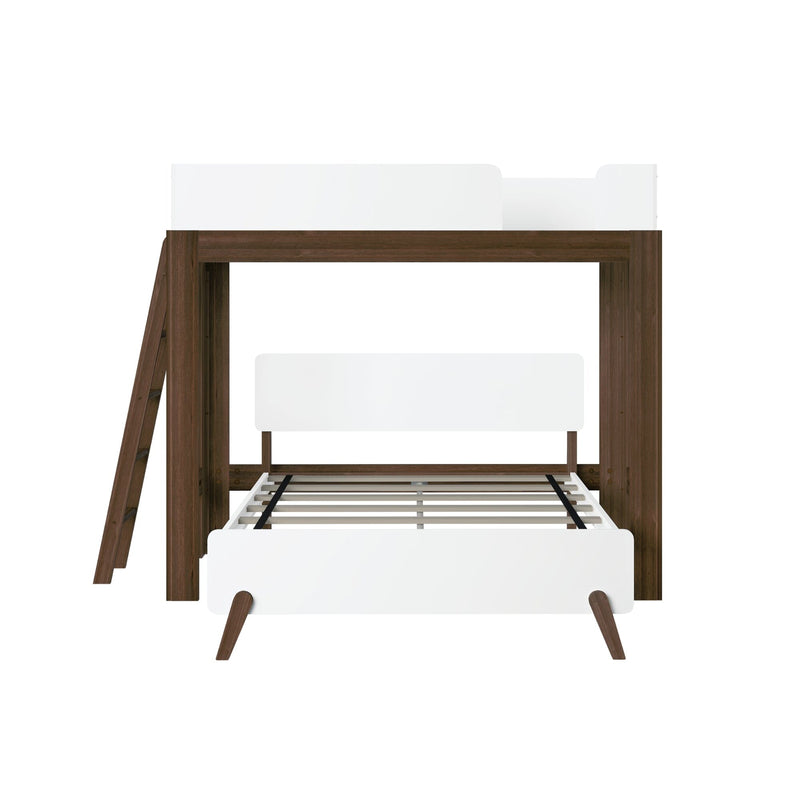 Modern white and walnut loft bed with side ladder, safety guardrail and slatted mattress platform for kids' bedroom
