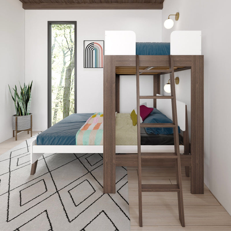 Modern wooden loft bunk bed with ladder in bright minimalist kids bedroom, blue bedding, colorful throw, geometric rug
