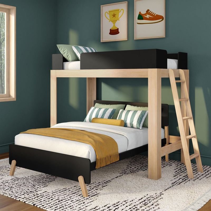 Wooden loft bunk bed with ladder in modern kids' bedroom, dark teal walls, striped green pillows, mustard throw and framed trophy and sneaker art.